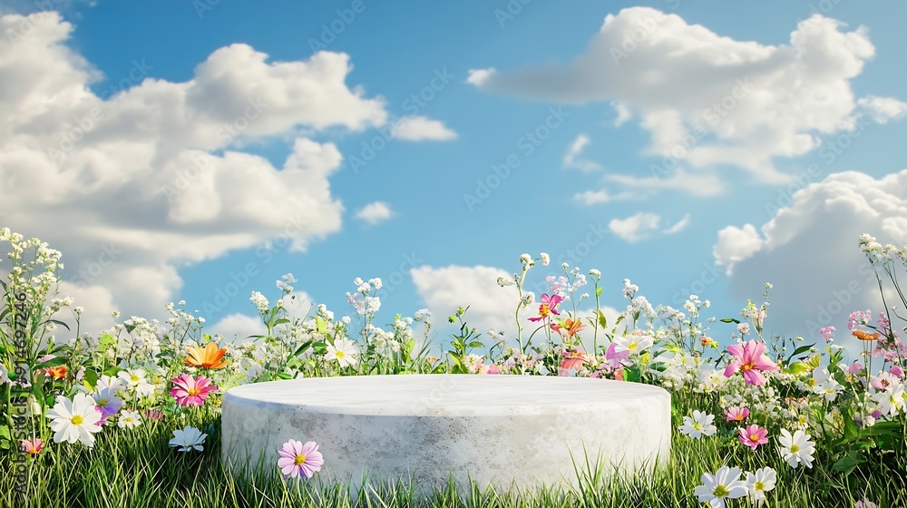 Poster abstact 3d render spring scene and natural background stone podium on the colorful flowers and grass