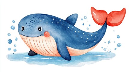 Fototapeta premium Whimsical Watercolor of a Cute Whale Firefighter Wielding a Water Hose Isolated on a White Background This Charming Icon Symbolizes Heroism Bravery and Dedication in Aquatic Emergency Services