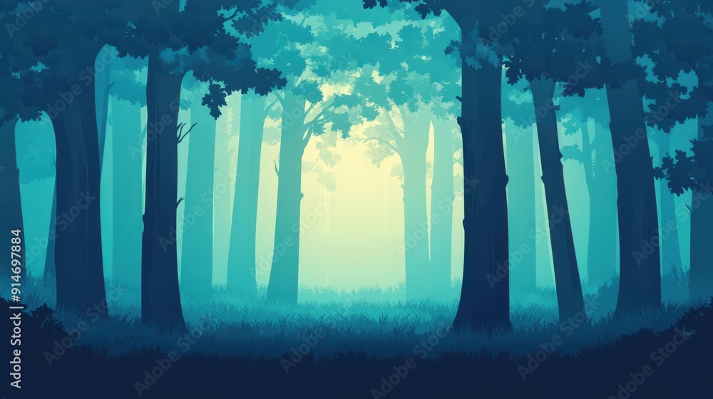 Aufkleber a forest scene enveloped in mist, with towering trees and soft light filtering through the foliage, 
