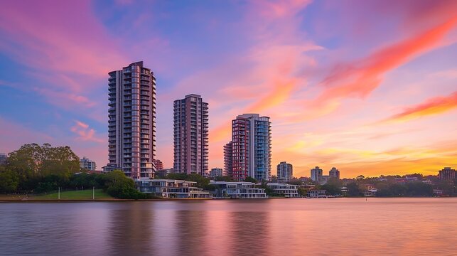 High rise residential appartments on Parramatta River at Sunset with colourful skies Sydney NSW Australia : Generative AI