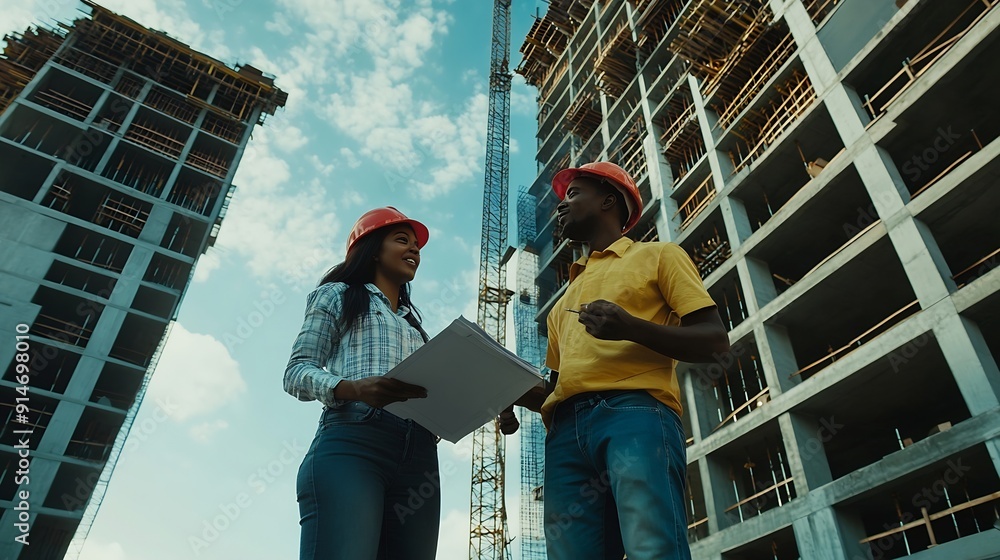 Aufkleber Engineering construction site and team outdoor for building project planning and architecture Black woman and men contractor together for development and safety assessment discussion i : Generative AI
