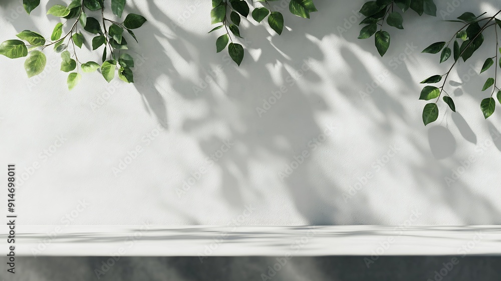 Poster Background White Wall Studio with  Shadow Leaves light Cement floor Surface Texture BackgroundEmpty Kitchen Room with Podium DisplayTop Shelf BarBackdrop Concrete backgroundCosmetic Pr : Generative AI