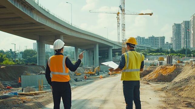 The chief civil engineer is introducing inspection of a road or expressway construction project under the road to an intern At the expressway construction site : Generative AI