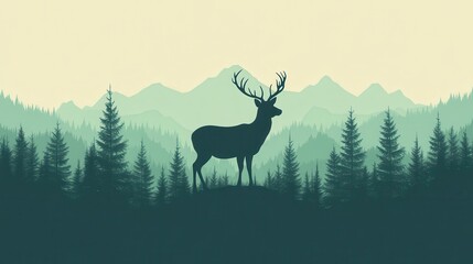 A silhouette of a majestic deer amidst tranquil mountains and dense forest, showcasing nature's beauty and calm.