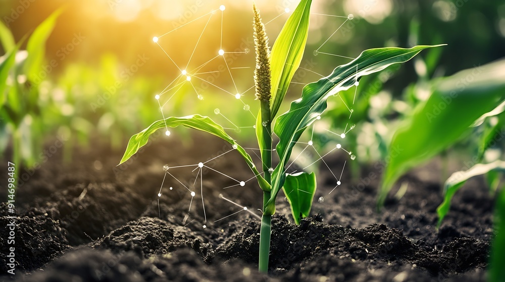 Poster smart farming with iotgrowing corn seedling with infographics smart farming and precision agricultur