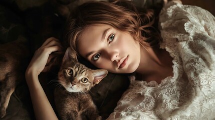 Portrait of a young woman with a Hungarian Pointer dog and a small kitten in her arms lying at home : Generative AI