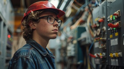 An electrician apprentice attentively studying a wiring diagram in a classroom filled with electrical equipment