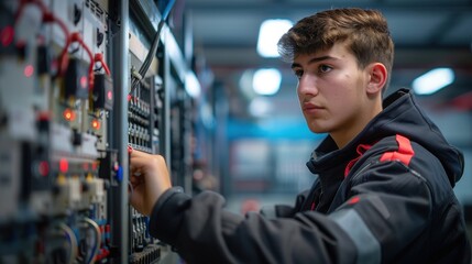 Apprentice working on a practice electrical panel in a vocational school lab