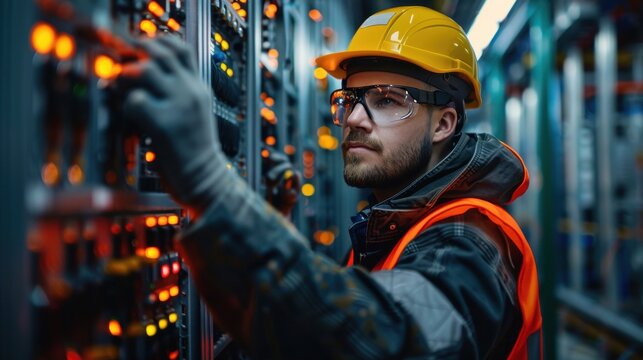 An electrical engineer in an industrial factory setting works on complex wiring diagrams and safety adjusts complex machinery.