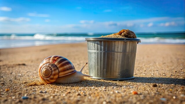 Close-up of a snail on a beach wearing a trashcan instead of its natural shell , pollution, water, conservation, environment