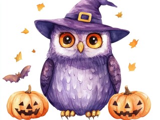 Fototapeta premium Cheerful and Whimsical Watercolor of a Halloween Owl Icon Cute Cartoon Owl Character in Vibrant Autumn Colors on a White Background