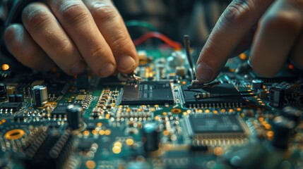 An electrical technician is shown soldering components on a circuit board up close, demonstrating technical accuracy and proficiency in electronics assembly.