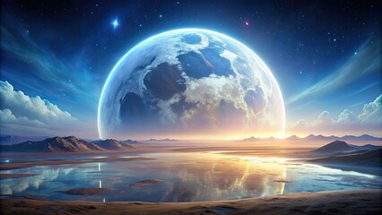 Futuristic landscape with a large, glowing moon in the sky, futuristic, colorful, landscape, moon, glowing, sky, night