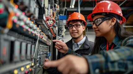 A diverse group of apprentice electricians working together in a vocational school lab to design an electrical system