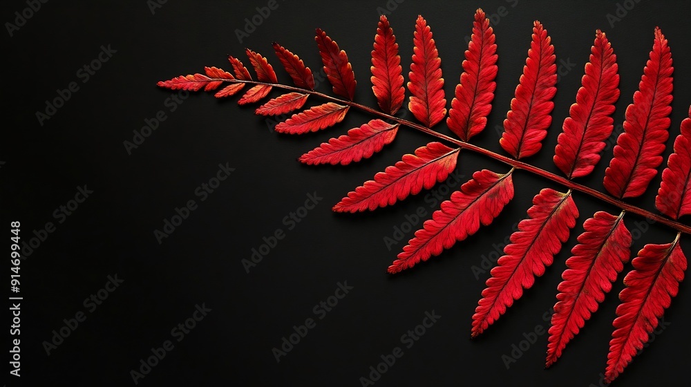 Poster contemporary moody autumn fern close up view photo minimalist black background and vibrant red botan