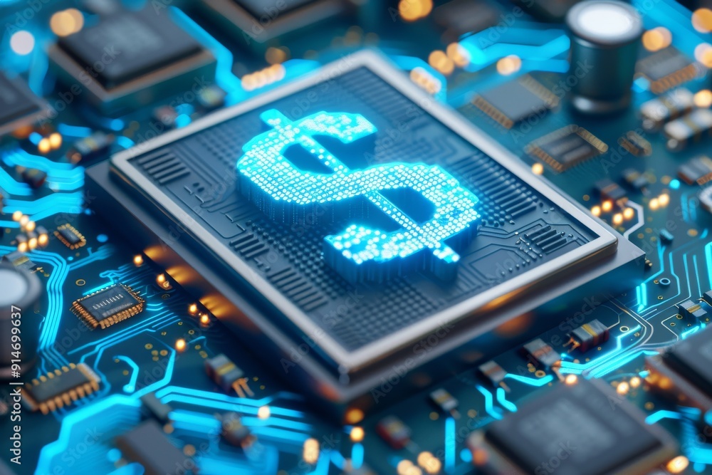Poster high tech blockchain concept depicted on a motherboard ideal for themes of cybersecurity and digital