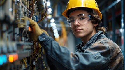 An apprentice practices wiring a residential electrical system in a vocational school lab while adhering to safety procedures.