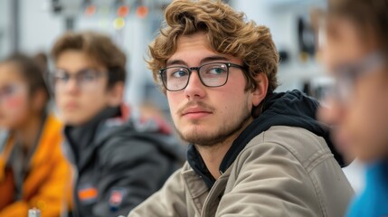 Fototapeta premium An apprentice listens intently to a lecture on advanced electrical principles and their practical applications in the classroom.