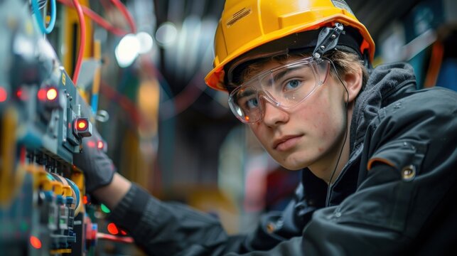 An apprentice practices wiring a residential electrical system in a vocational school lab while adhering to safety procedures.