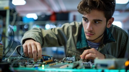 A young apprentice electrician working in a vocational school lab, guided by an instructor, on a circuit board
