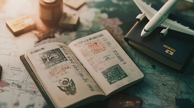 Travel passport pages different countries stamps stamper D Visa and plane Immigration emigration visa application and tourism concept : Generative AI