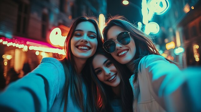 Friends night and outdoor selfie with women smile and hug for photo memory and social media in city People reunion or girls in street for picture with influencer neon light and bonding : Generative AI