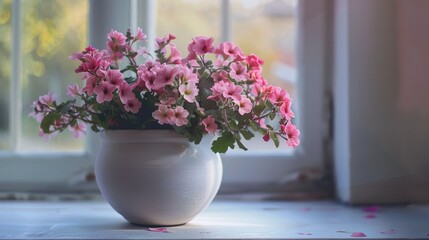Fototapeta premium White pot with pink flowers