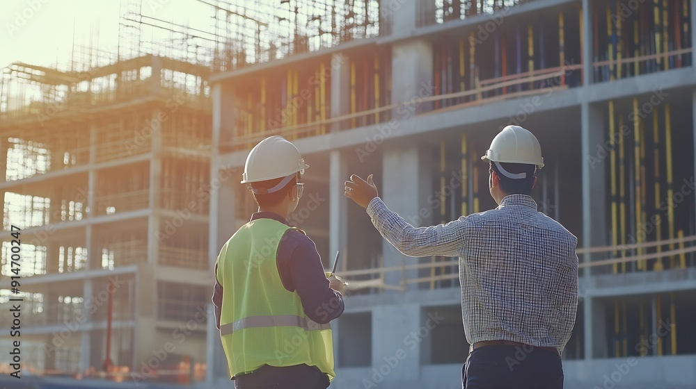 Poster civil engineer with personal safety equipment checking and consult with construction site foreman te