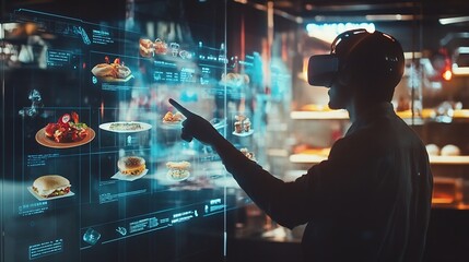 Online shopping menu future screen and man point select fast food delivery restaurant store choice or web catalog Meal virtual reality dashboard or business customer decision on metave : Generative AI