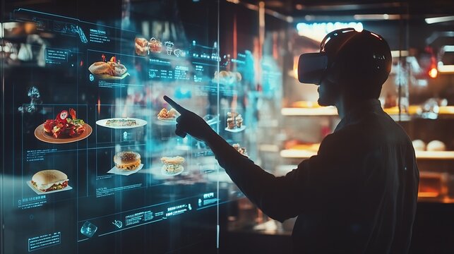 Online shopping menu future screen and man point select fast food delivery restaurant store choice or web catalog Meal virtual reality dashboard or business customer decision on metave : Generative AI