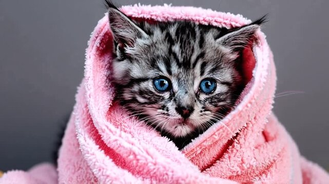 A tiny kitten wrapped in a cozy blanket enjoys a delightful afternoon. Generative AI