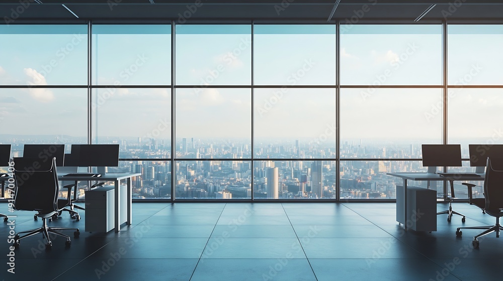 Aufkleber a modern openplan office space filled with natural light from large windows that offer a view of the cityscape The office features a clean minimalistic design with  chairs and computer : Generative AI
