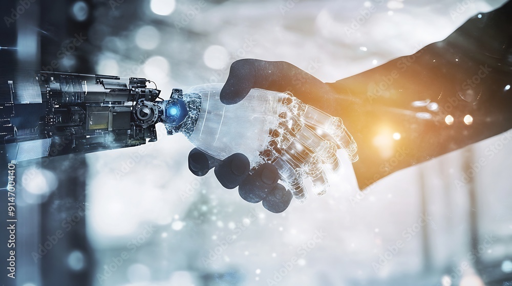 Leinwandbilder mlb mechanized industry robot arm and business handshake double exposure concept of successful agree