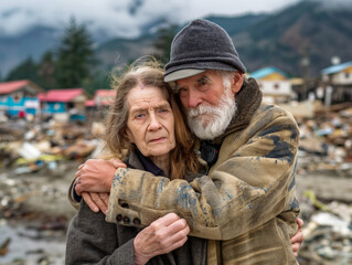 A man and woman hug each other on a beach. The man is wearing a hat and the woman has long hair. The scene is peaceful and intimate