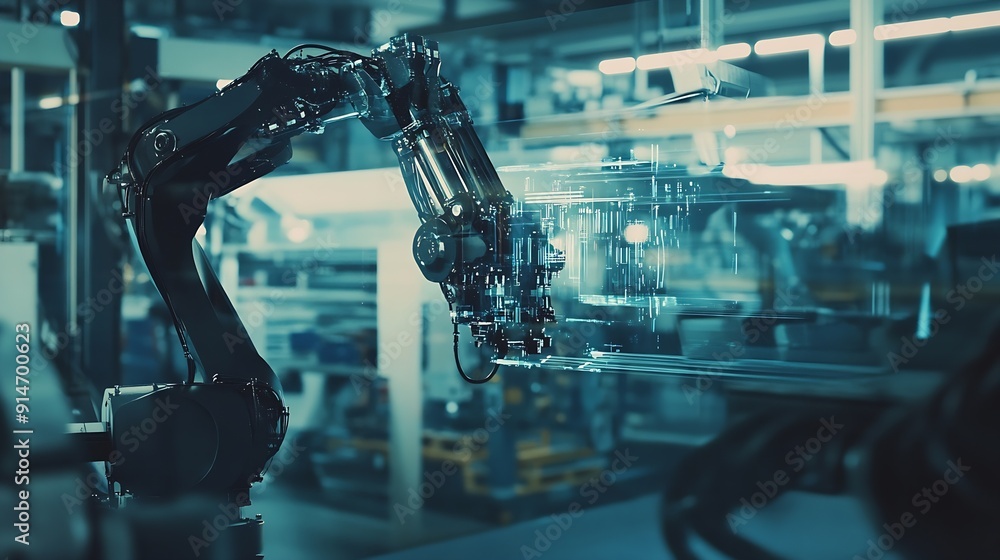 Leinwandbilder mlb mechanized industry robot arm and factory worker double exposure concept of robotics technology 