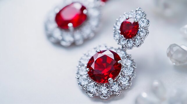Ruby diamond earrings on white background Diamond earrings with ruby gemstone closeup : Generative AI