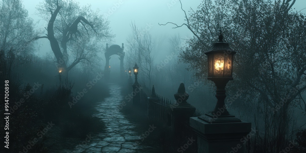 Poster A mysterious stone path leading through a foggy forest with ancient stone archway and lit lanterns.