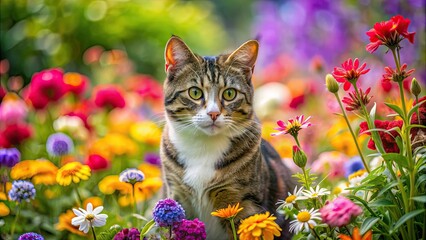 Playful cat surrounded by a variety of colorful flowers in a vibrant garden setting, cat, flowers, playful, garden, vibrant, colorful