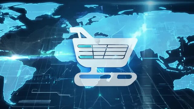 A digital illustration of global online shopping featuring a shopping cart icon, world map, and technology symbols on a computer keyboard representing the interconnectedness of the internet and e-comm