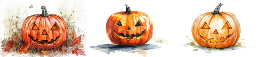 Watercolor Halloween Pumpkin with Carved Face