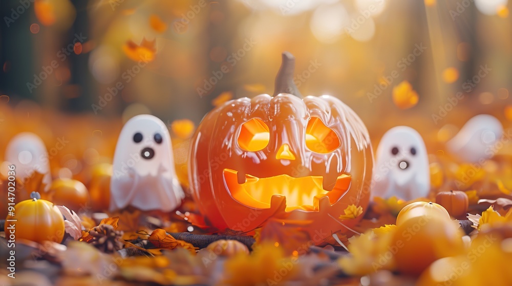 Wall mural spooky pumpkin in autumn leaves