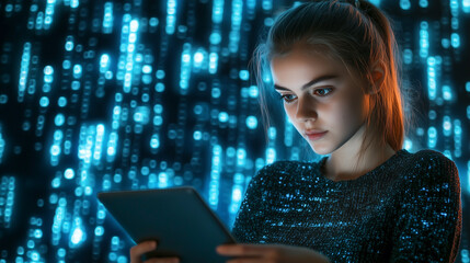 A young woman immerses herself in a digital world, engaging intently with a tablet against a backdrop of glowing blue digital code, highlighting the intersection of youth and advanced technology.