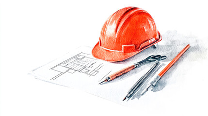 Architectural Tools and Red Hard Hat on Blueprint - Watercolor Illustration of Construction Planning
