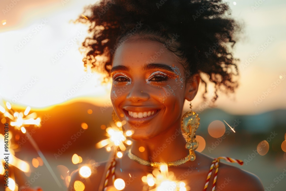 Poster a woman smiles brightly while holding sparklers. ai.