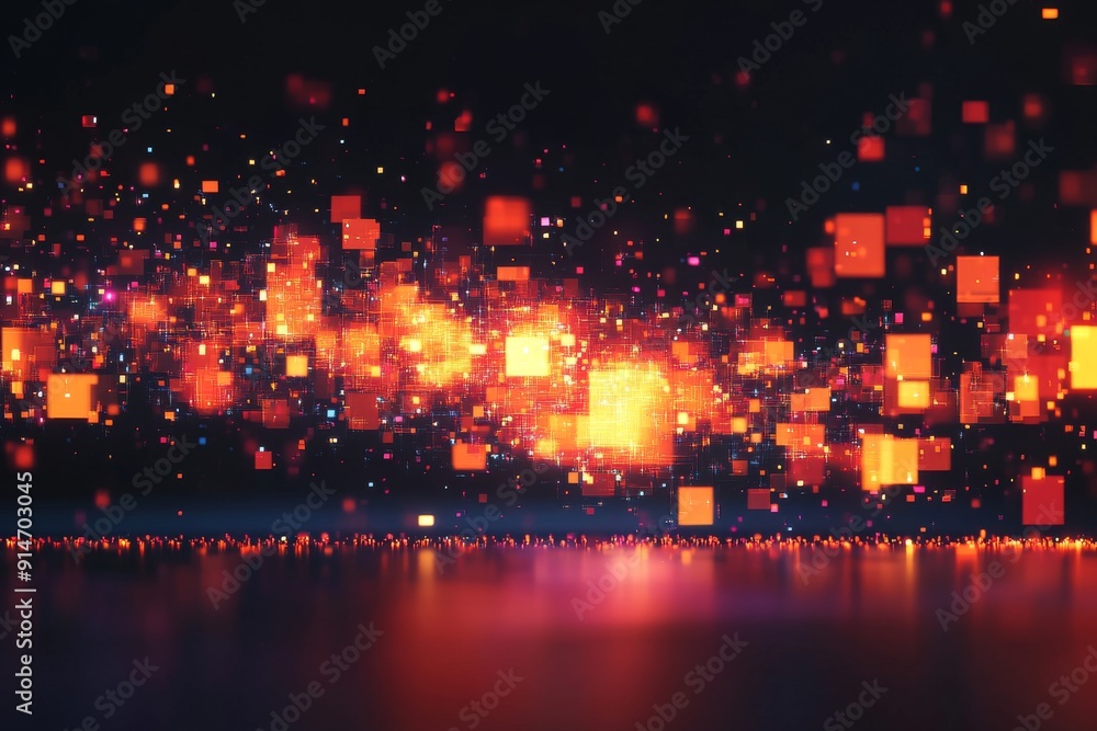 Poster vibrant abstract art featuring red and orange squares symbolizing data connections and the dynamic n