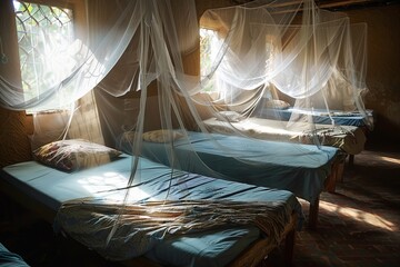 World Malaria Day.World Mosquito Day.August 20th. Several beds with mosquito nets set up in a simple, rural bedroom