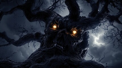 An eerie tree with glowing eyes and a menacing expression in the dark.