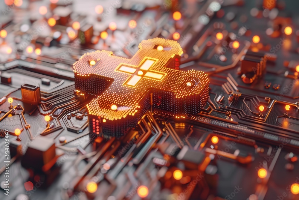 Poster digital illustration of a glowing orange cross shaped circuit symbolizing the intersection of techno