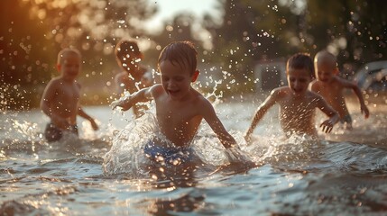 Obraz premium Happy Children Splashing in a Lake on a Sunny Day