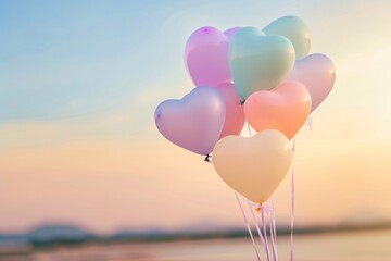 Fototapeta premium Pastel heart balloons floating in the sky.